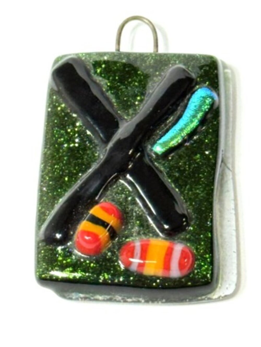 Fused glass forest green, black and red rectangular pendant.